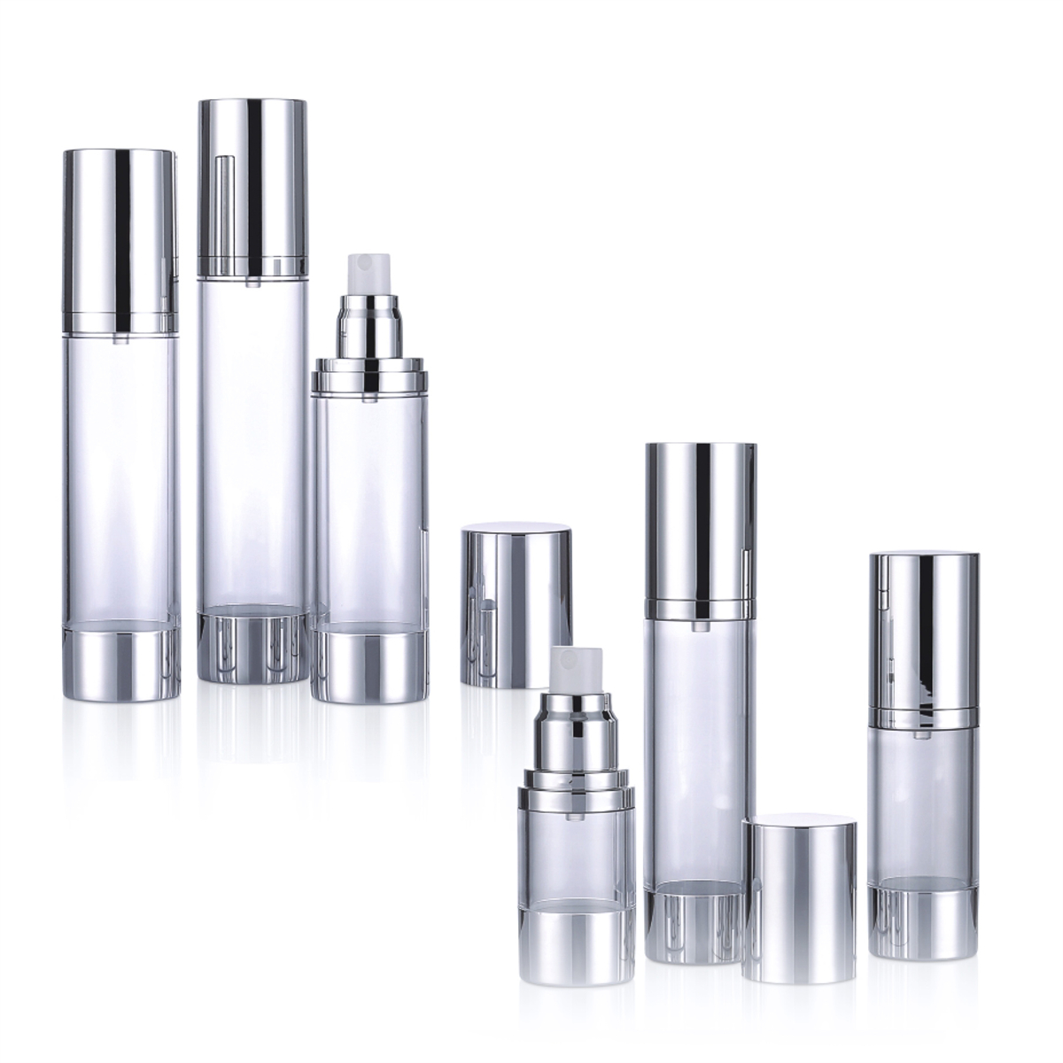 15ml 30ml 50ml 80ml 100ml 120ml Non Spill Luxury Transparan Kosmetik Botol Lotion Airless Airless dengan Cap Perak L04